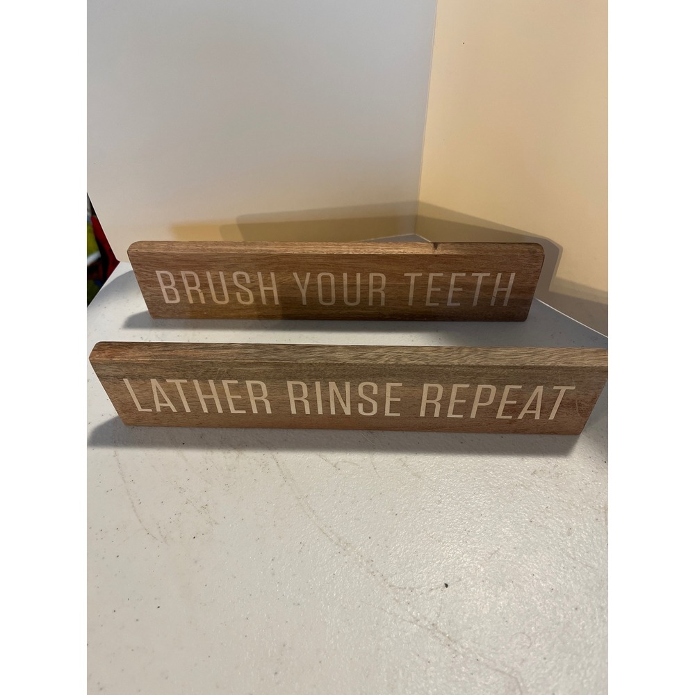 Hearth & Hand Magnolia Wood Bathroom Signs Set Brush Your Teeth Lather Rinse 2pc